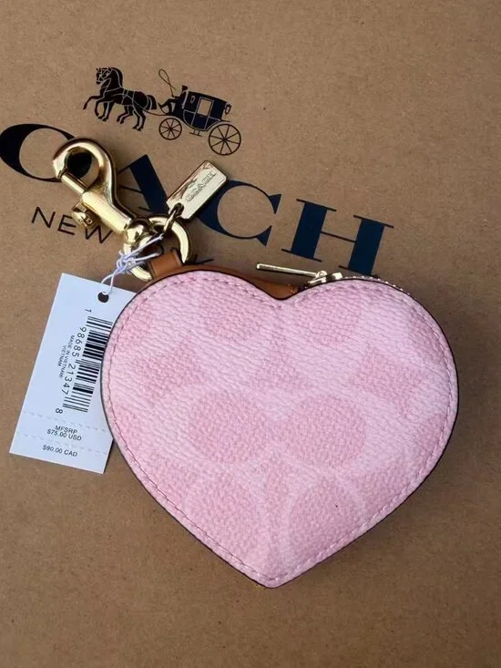 NWT Coach POWDER PINK Heart Bag Charm In Signature Canvas CEA22 Gold/Powder Pink - Picture 2 of 5